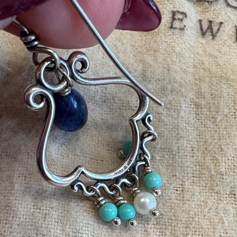 James Avery Blue Lapis, Pearl and Turquoise Dangle Ear Hooks - Picture 3 of 4